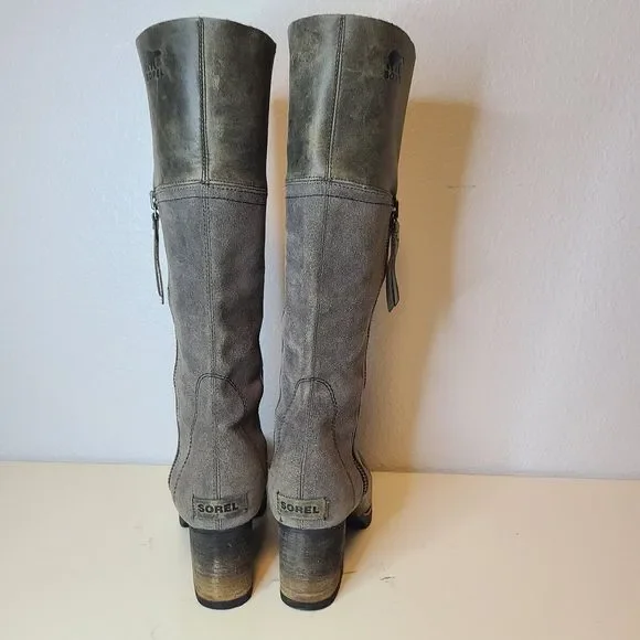 Sorel Women Boots NL2301 Addington Distressed Taupe Gray Leather Tall Heel Sz 7 - Picture 7 of 12